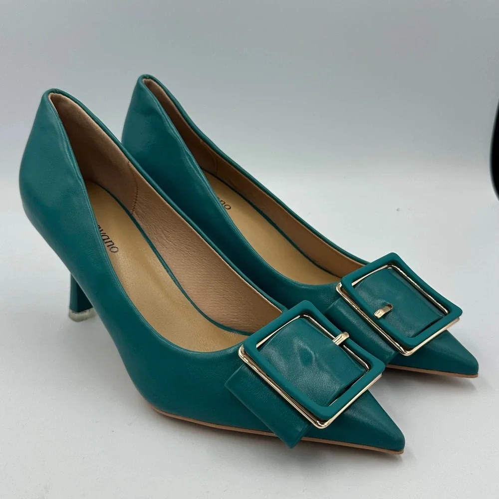 C.Paravano Peacock Blue Buckle Pumps Sz 36 / 5.5 Leather Pointed Toe Kitten Heel